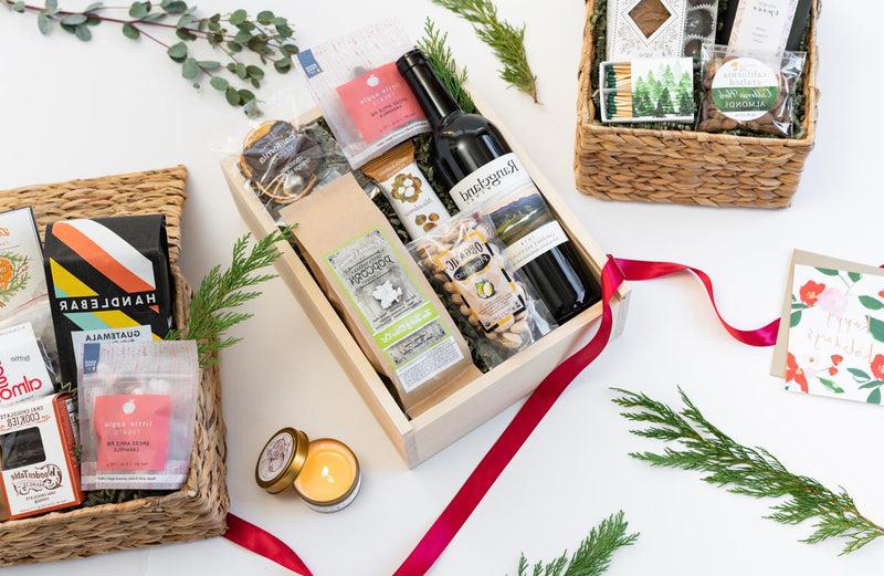 California Wine & Snacks Gift Box displayed with other California Gift Baskets